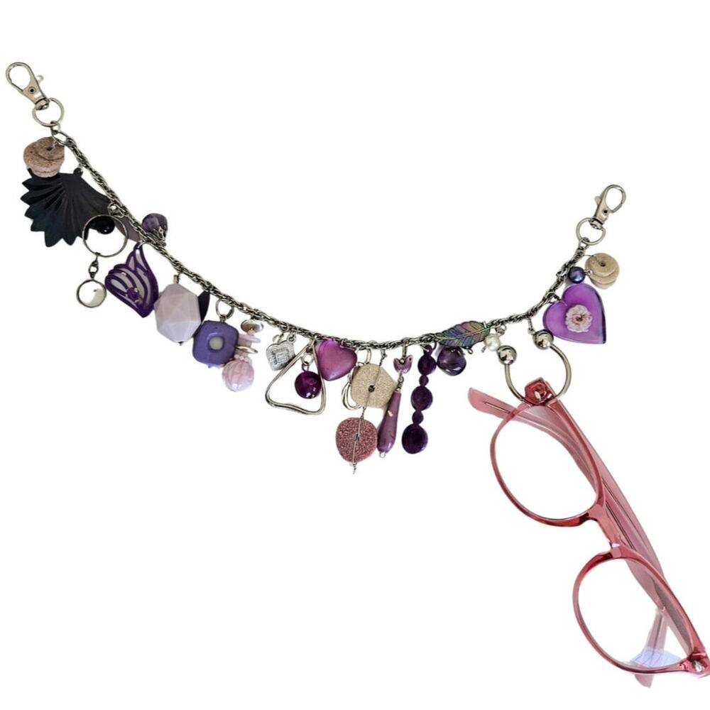 Artisan Bag Chain Charm Necklace Purple Silver Tone With Eye Glass Holder